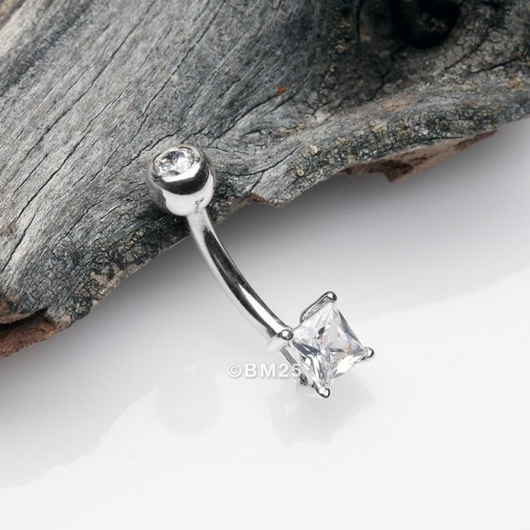 14 Karat White Gold Princess Cut Dainty Gem Sparkle Belly Button Ring